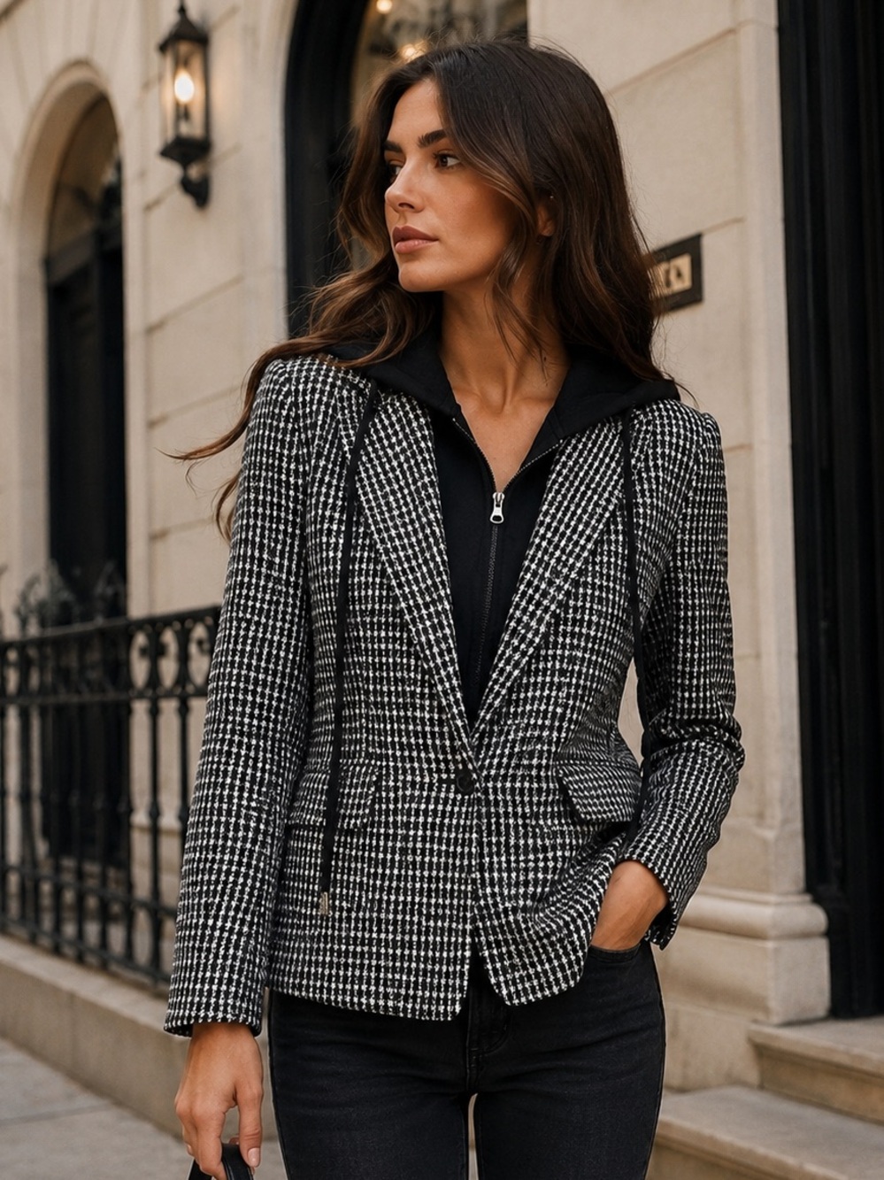 Elan Harper Blazer Hoodie Jacket Black & White Size L NWT